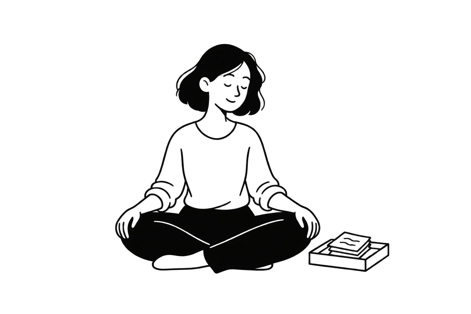 A person sitting calmly beside a small tray of notes.