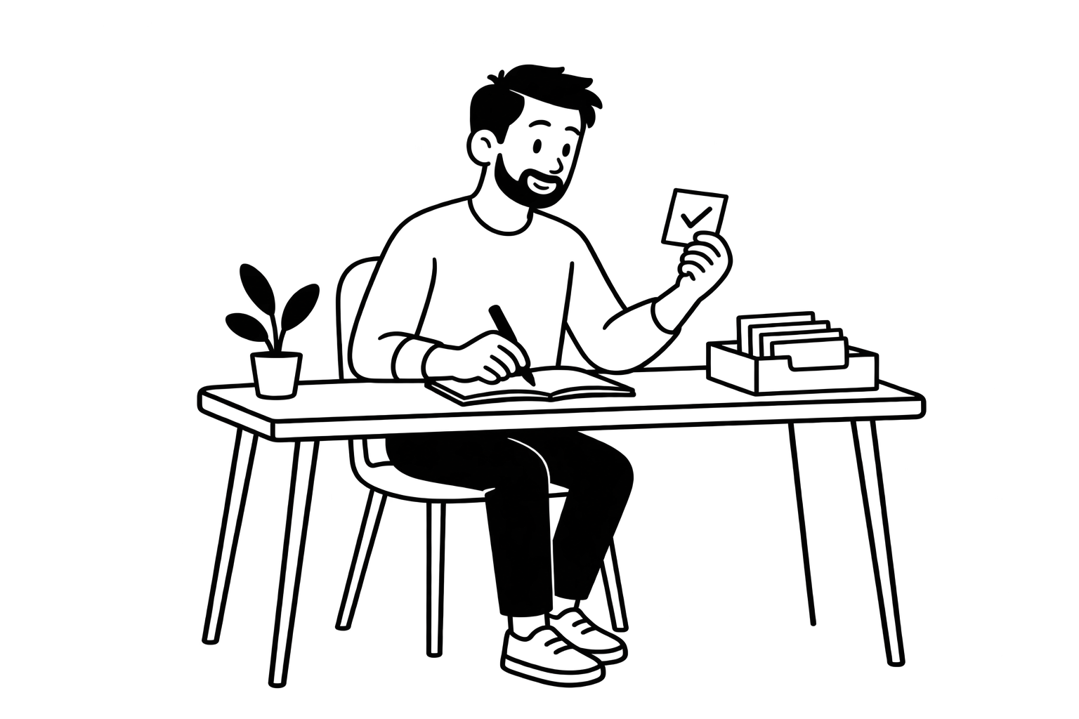 A person at a desk writing, holding up one card with a tick.