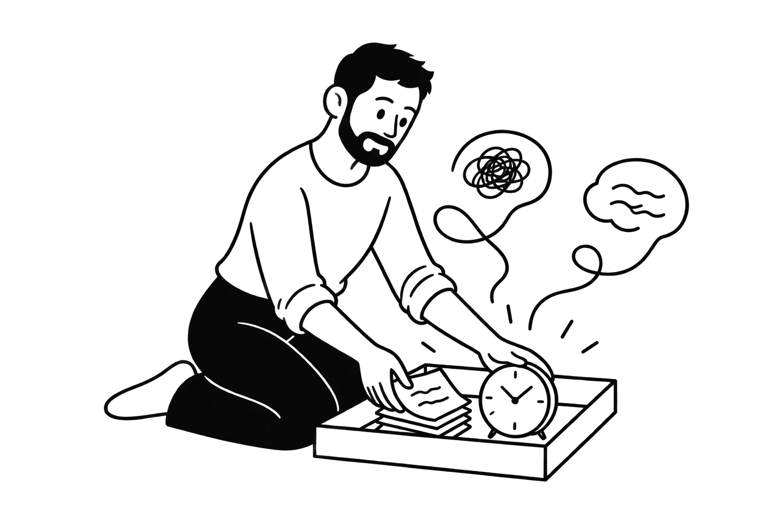 A person kneeling and placing papers and a clock into a tray.